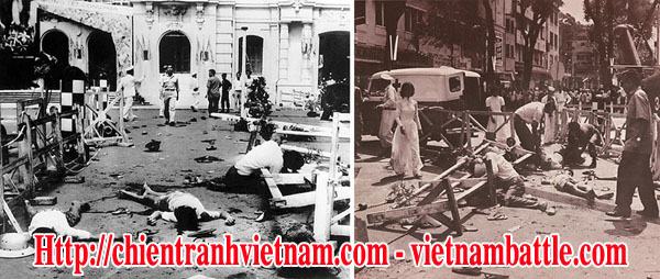 Quang cảnh sau trận biệt Động Sài Gòn ném lựu đạn ngày quốc khánh 26 tháng 10 năm 1962 - 4 died and 47 injured when a grenade was tossed outside in City Hall, Saigon
