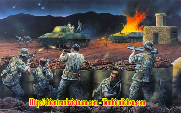 Bức hình mô tả cảnh các binh sĩ thuộc lực lượng Đặc Biệt Mỹ chống trả xe tăng PT-76 trong trận đánh Làng Vây năm 1968 trong chiến tranh Việt Nam - Us Special Forces foght agaisnt in Battle of Lang Vei map in siege of Khe Sanh 1968 in Vietnam war 1968