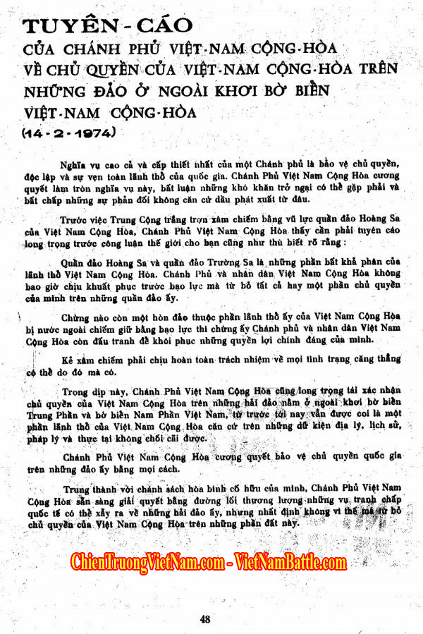 Tuyên cáo của chính phủ VNCH về chủ quyền đảo Hoàng Sa, Trường Sa - South Vietnam claim on Paracel and Spratly islands